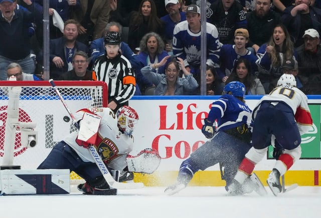 Toronto Maple Leafs forward William Nylander (88) scores on Florida Panthers goaltender Sergei Bobrovsky (72) during the first period of Game 1 in an NHL hockey second-round playoff series in Toronto, Monday, May 5, 2025. (Nathan Denette/The Canadian Press via AP)