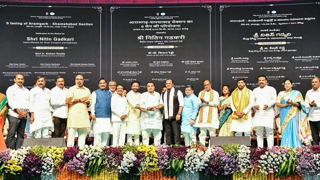 nion Minister for Road Transport and Highways Nitin Gadkari with Union Minister for Coal and Mines G Kishan Reddy, Union Minister of State for Home Affairs Bandi Sanjay Kumar, Telangana Minister Komatireddy Venkat Reddy, Minister of Transport Ponnam Prabhakar and others inaugurates and lays the foundation stone for various National Highway projects worth ₹2,200 crore, in Hyderabad on Monday. (ANI)