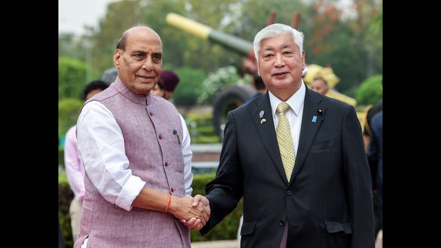 Defence minister Rajnath Singh with his Japanese counterpart General Nakatani in New Delhi on Monday. (ANI Photo)