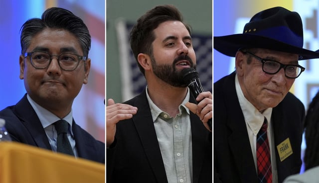 This combo of images shows incumbent Cincinnati Mayor Aftab Pureval, from left, Tuesday, April 15, 2025, River Church Cincinnati pastor Cory Bowman who is Vice President JD Vance's half brother and Cincinnati mayoral candidate, Sunday, April 20, 2025, and Cincinnati mayoral candidate Brian Frank, Tuesday, April 15, 2025, in Cincinnati. (AP Photo/Carolyn Kaster)