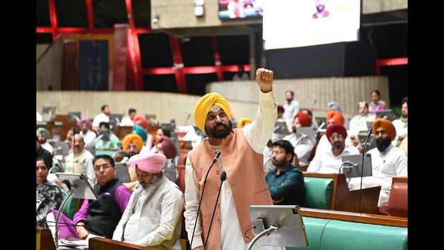 Chief minister Bhagwant Mann addressing the House during the one day special session on Monday. (Ravi Kumar/HT)