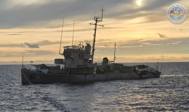 In this handout photo, provided by the Armed Forces of the Philippines Public Affairs Office, the decommissioned Philippine Navy BRP Miguel Malvar (PS-19) takes on water before sinking while being positioned as vessel target prompting the cancellation of a live-fire drill as part of a joint US-Philippines military exercises called Balikatan or "shoulder to shoulder" approximately 35 miles west of San Antonio, Zambales, Philippines, on Monday, May 5, 2025.
