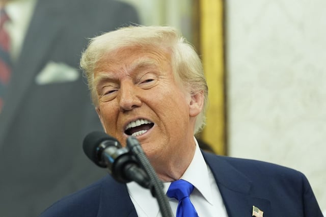 President Donald Trump speaks during an event to announce that the 2027 NFL Draft will be held on the National Mall, in the Oval Office of the White House, Monday, May 5, 2025, in Washington.