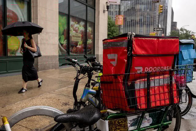 A Doordash bag on a bicycle in New York, US, on Thursday, August 8, 2024.