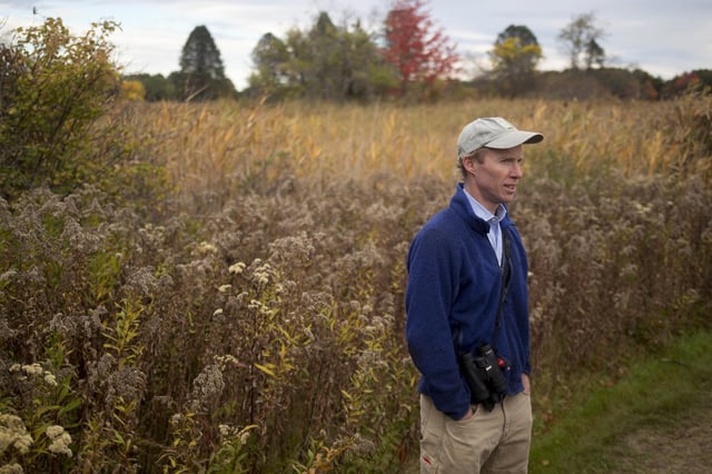 Angus King III walks the field trails at Maine Audubon's Gilsland Farms, 16 October, 2017.
