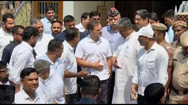 Congress leader Rahul Gandhi with family members of navy officer Lt Vinay Narwal in Karnal on Tuesday. Lt Narwal was among 26 people killed in the terrorist attack in Pahalgam on April 22. (HT Photo)
