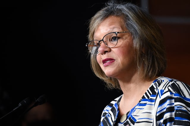 Representative Robin Kelly, a Democrat from Illinois, speaks during a news conference on Capitol Hill in Washington, D.C., U.S., on Wednesday, July 1, 2020. Efforts by Congress to limit the types of military equipment the Defense Department can transfer to law enforcement departments is unlikely to touch an even bigger source of advanced weapons accessible to civilian police. Photographer: Erin Scott/Bloomberg via Getty Images