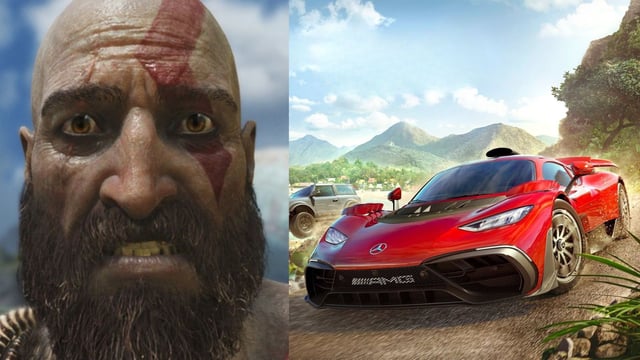 Kratos from God of War next to car from Forza Horizon 5