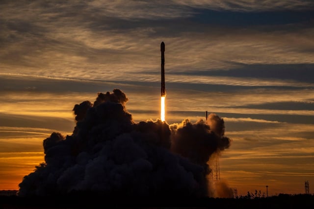 A SpaceX Falcon 9 carrying 21 second-generation Starlink satellites launches at sunset from Cape Canaveral Space Force Station on Monday, Feb. 27, 2023.