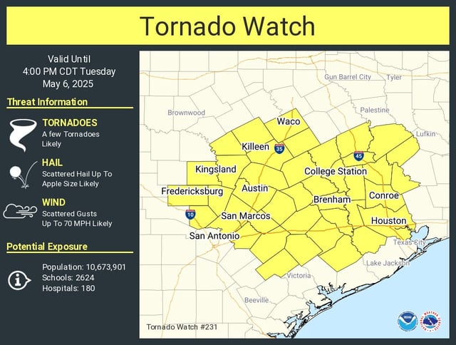 The highlighted Texas counties, including those along the Interstate 35 corridor and in the Hill Country, is under a tornado watch until 4 p.m. Tuesday.