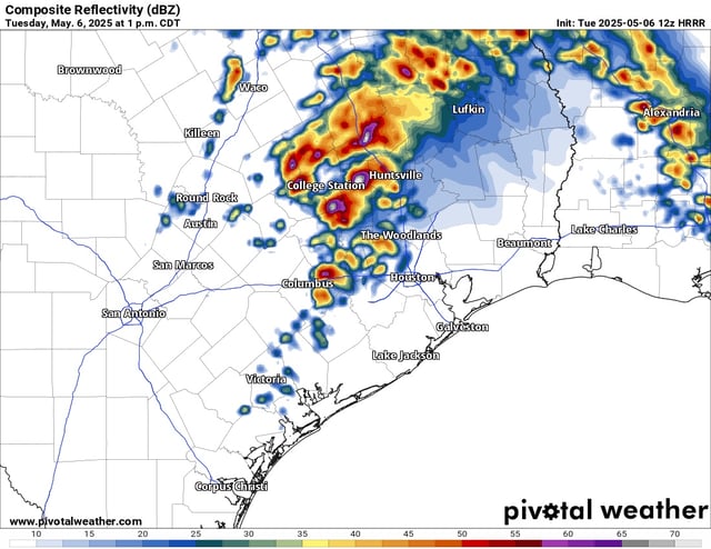 The High-Resolution Rapid Refresh model depicts a line of strong thunderstorms moving toward Houston early Tuesday afternoon. A tornado watch is in effect for much of Southeast Texas until 4 p.m. Tuesday.