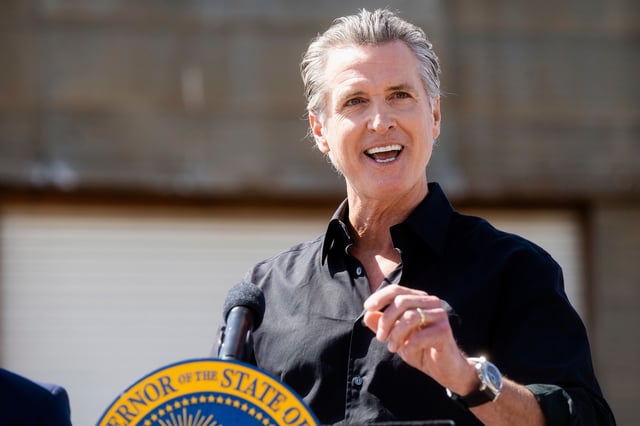 California Gov. Gavin Newsom discusses President Donald Trump&#39;s tariffs during a press conference on Wednesday, April 16, 2025, at an almond farm in Ceres, Calif.