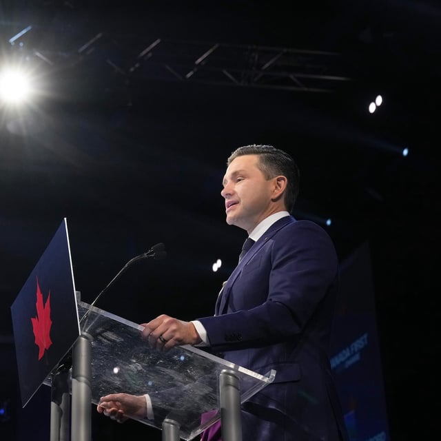 Conservative Leader Pierre Poilievre speaks to supporters on election night in Ottawa, Monday, April 28, 2025. THE CANADIAN PRESS/Chris Young