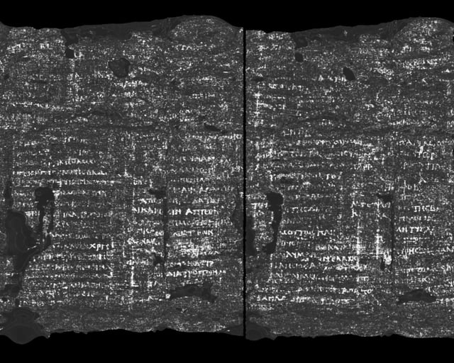 The scroll was digitally unwrapped to reveal writing, which researchers are working to decode.