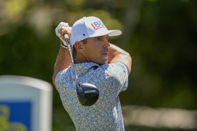 Apr 19, 2025; Hilton Head, South Carolina, USA; Billy Horschel tees off on three during the third round of the RBC Heritage golf tournament. Jim Dedmon-Imagn Images