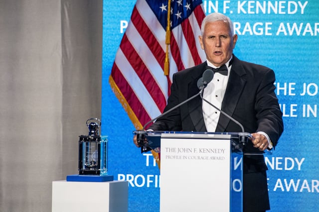 Former US Vice President Mike Pence at the John F. Kennedy Presidential Library and Museum in Boston, Massachusetts on May 4, 2025.
