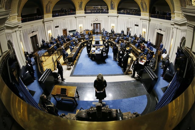 The throne speech is delivered at the Manitoba legislature in Winnipeg, on Nov. 23, 2019. THE CANADIAN PRESS/John Woods