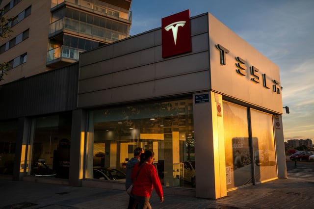 A Tesla Inc. dealership in Valencia, Spain, on Tuesday, April 22, 2025. The company faces questions about volume sales, autonomous driving, and tariffs, with Musk's role in the White House looming over the company's future. Photographer: Michael Robinson Chavez/Bloomberg via Getty Images