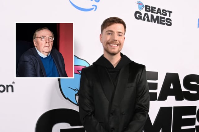 Author James Patterson on June 6, 2018, in Philadelphia, Pennsylvania. MrBeast on December 18, 2024, in Santa Monica, California.