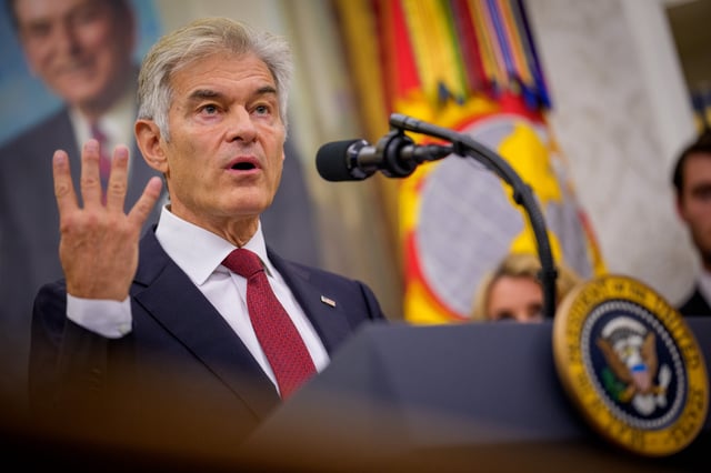 Newly sworn in Medicare and Medicaid Services Administrator Dr. Mehmet Oz speaks during a ceremony in the Oval Office at the White House on April 18, 2025 in Washington, DC.