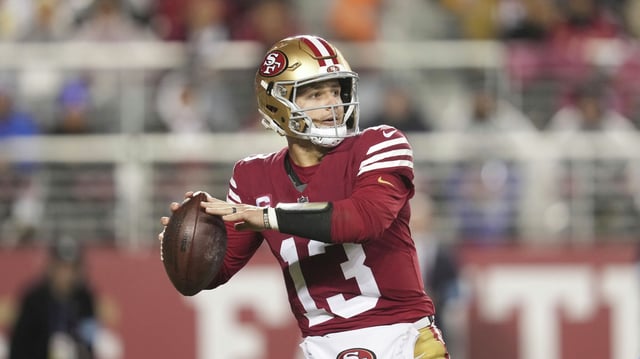 San Francisco 49ers quarterback Brock Purdy passes against the Los Angeles Rams during the second half of an NFL game in Santa Clara, Calif., on Dec. 12, 2024.