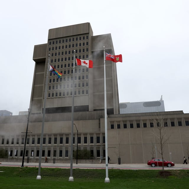 The London courthouse in London, Ont., is shown on Wednesday, April 30, 2025. The sexual assault trial of five former members of Canada's world junior hockey team continues today in London, Ontario. THE CANADIAN PRESS/Nicole Osborne