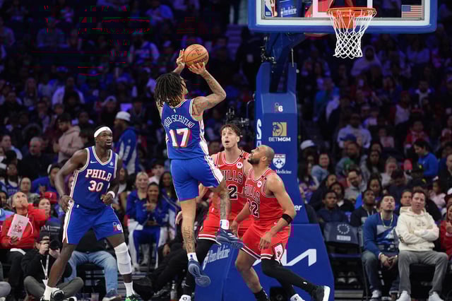 Apr 13, 2025; Philadelphia, Pennsylvania, USA; Philadelphia 76ers guard Jalen-Hood Schifino (17) shoots the ball against the Chicago Bulls in the third quarter at Wells Fargo Center. Mandatory Credit: Kyle Ross-Imagn Images/File Photo