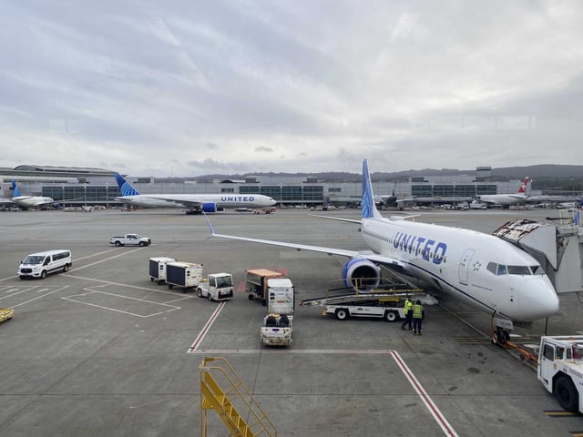 United Airlines aircraft seen at San Francisco International Airport on March 28, 2024. A United Airlines aircraft clipped the wing of another United plane while preparing to depart from San Francisco International Airport on Monday night, the airline confirmed.