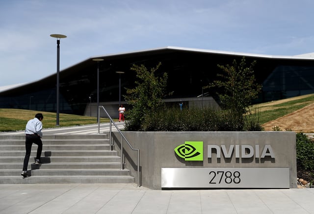 A sign is posted in front of the Nvidia headquarters on May 10, 2018 in Santa Clara. Nvidia Corporation will report first quarter earnings today after the closing bell.