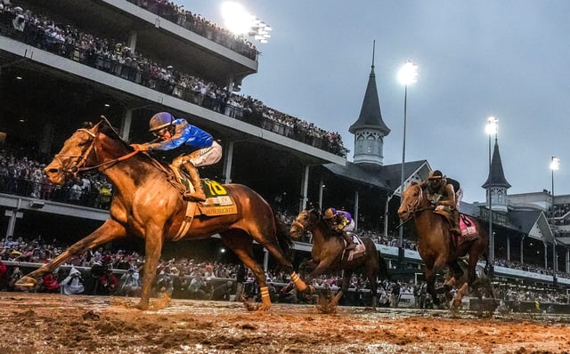 May 3, 2025; Louisville, KY, USA; Sovereignty wins the 151st Kentucky Derby at Churchill Downs on Saturday, May 3, 2025. Mandatory Credit: Michael Clevenger/USA TODAY NETWORK via Imagn Images /File Photo