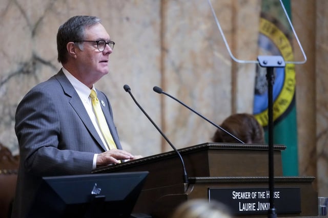 Washington Lt.-Gov. Denny Heck speaks following the state of the state address from Gov. Jay Inslee during a joint legislative session at the Washington state capitol, Tuesday, Jan. 9, 2024, in Olympia, Wash. THE CANADIAN PRESS/AP-Lindsey Wasson