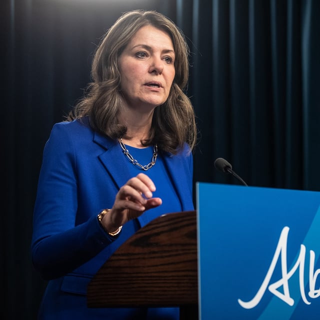 Alberta Premier Danielle Smith announces proposed changes to several pieces of democratic process legislation, in Edmonton on Tuesday April 29, 2025. THE CANADIAN PRESS/Jason Franson