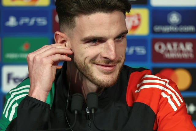 Arsenal's Declan Rice speaking to reporters in Paris on Tuesday