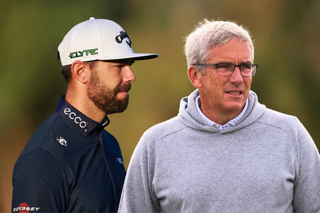 Erik van Rooyen of South Africa and the PGA Tour&#39;s Jay Monahan Collage. (Photo by Hector Vivas/Getty Images)
