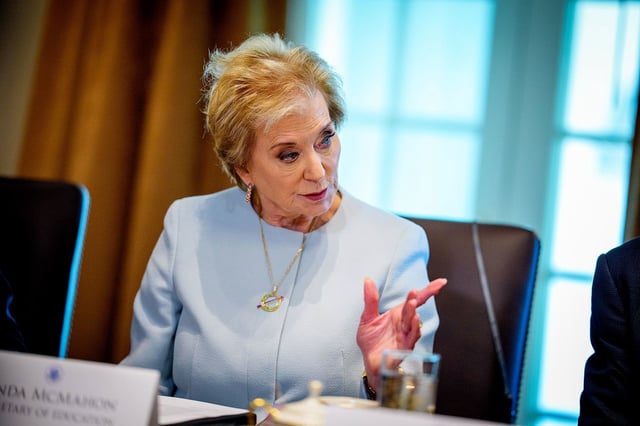 Education Secretary Linda McMahon speaks April 30 during a Cabinet meeting at the White House.