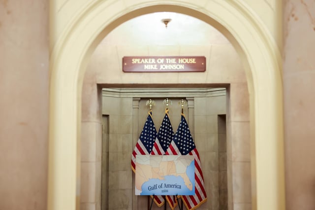 A sign showing a map of the gulf is seen outside the office of House Speaker Mike Johnson at the US Capitol in Washington, DC, on May 6.