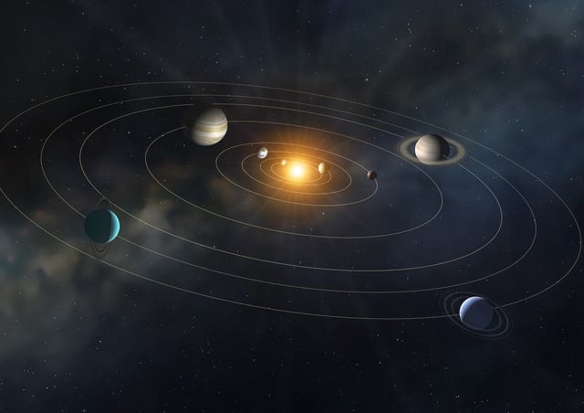 Illustration of the solar system, showing the paths of the eight major planets as they orbit the Sun.