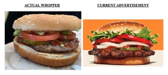 Photos from a lawsuit against Miami-based Burger King shows an actual Whopper sandwich next to an image used in the company&#39;s ads and menu boards. A federal judge ruled against the chain&#39;s motion to dismiss, freeing the case to move forward. (U.S. District Court, Southern District of Florida)