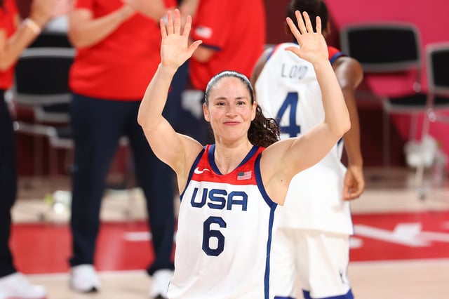 Sue Bird #6 of Team United States celebrates after defeating Team Japan 90-75 to win the women&#39;s gold medal match between Team United States and Team Japan on day sixteen of the Tokyo 2020 Olympic Games at Saitama Super Arena on August 08, 2021 in Saitama, Japan.