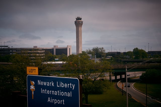 An airport control tower can be seen at Newark Liberty International Airport, on May 6, 2025, in Newark, New Jersey. (Photo by Andres Kudacki/Getty Images)