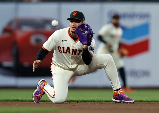 San Francisco Giants’ Willy Adames (2) catches a ball for an out hit by Milwaukee Brewers’ Brice Turang (2) in the fifth inning at Oracle Park in San Francisco, Calif., on Wednesday, April 23, 2025. (Nhat V. Meyer/Bay Area News Group)