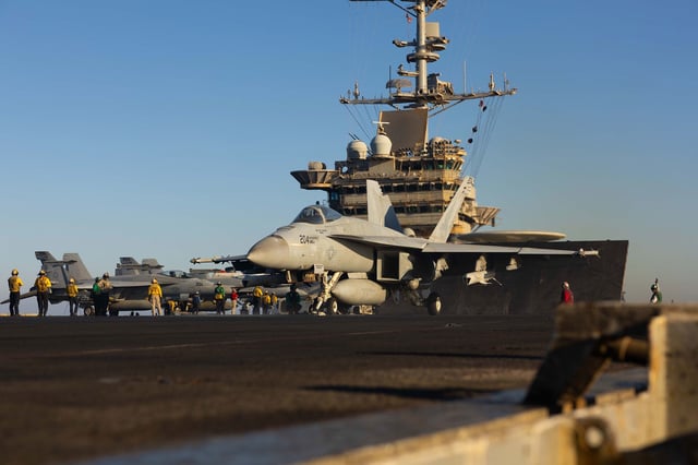 This May 5 photo from the US Navy shows a F/A-18E Super Hornet preparing for launch on the USS Harry S. Truman.