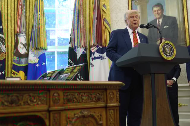 President Donald Trump speaks before Steve Witkoff is sworn as special envoy during a ceremony in the Oval Office of the White House, Tuesday, May 6, 2025, in Washington. (AP Photo/Mark Schiefelbein)