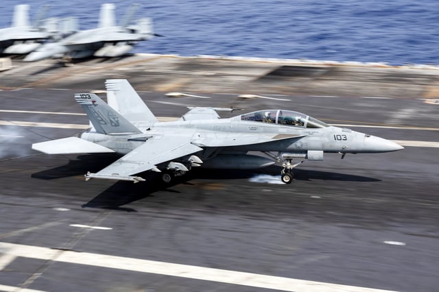 An F/A-18F Super Hornet, attached to the “Red Rippers” of Strike Fighter Squadron (VFA) 11, lands on the Nimitz-class aircraft carrier USS Harry S. Truman (CVN 75), while in the Atlantic Ocean, on Aug. 9. 2024.