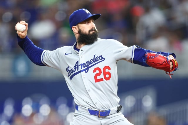 Dodgers starting pitcher Tony Gonsolin throws to the plate during the first inning of their game against the Miami Marlins on Tuesday night in Miami. Gonsolin allowed two runs and struck out eight in five innings, but the Dodgers lost, 5-4, in 10 innings. (Photo by Megan Briggs/Getty Images)