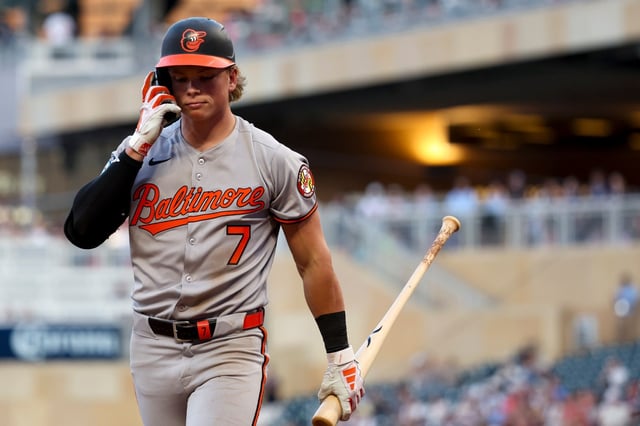 Baltimore Orioles’ Jackson Holliday (7) reacts after striking out during the fourth inning of a baseball game against the Minnesota Twins Tuesday, May 6, 2025, in Minneapolis, Minn. (AP Photo/Ellen Schmidt)