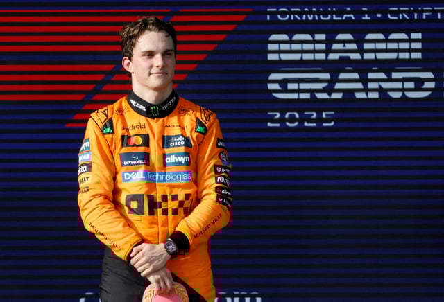 Formula One F1 - Miami Grand Prix - Miami International Autodrome, Miami, Florida, United States - May 4, 2025  McLaren's Oscar Piastri celebrates on the podium after winning the Miami Grand Prix REUTERS/Marco Bello/File Photo