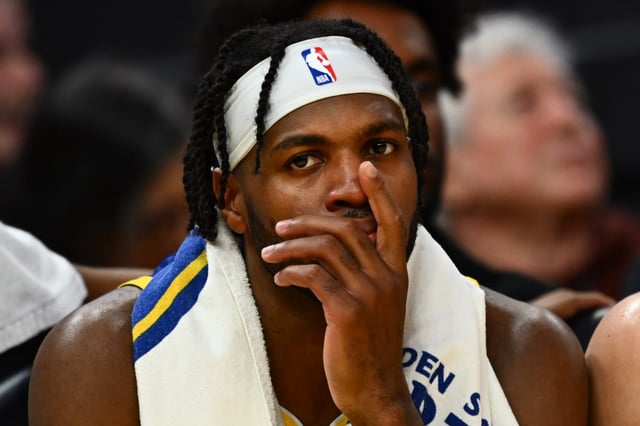 Golden State Warriors’ Buddy Hield (7) sits on the bench dejected during the final minute of the fourth quarter of their NBA game at Chase Center in San Francisco, Calif., on Sunday, April 6, 2025. The Houston Rockets defeated the Golden State Warriors 106-96. (Jose Carlos Fajardo/Bay Area News Group)