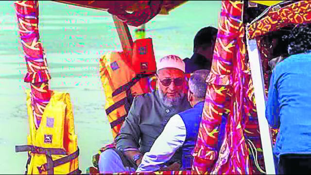 AIMIM chief Asaduddin Owaisi during a visit to the Dal Lake in Srinagar on Tuesday. (PTI)