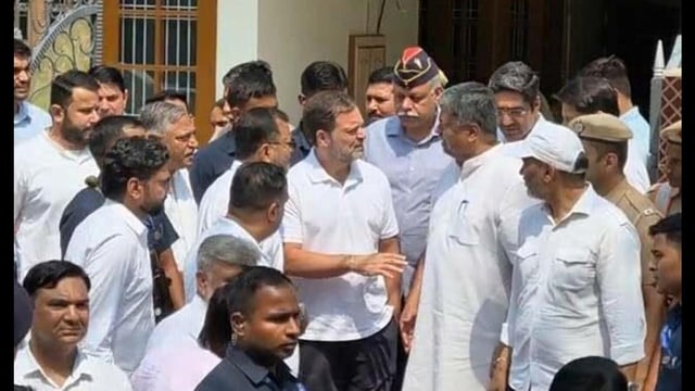 Congress leader Rahul Gandhi on Tuesday met family members of navy officer Lt Vinay Narwal, who was among 26 people killed in the terrorist attack in Pahalgam on April 22. (HT Photo)